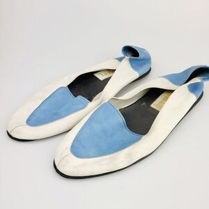 80s Colorblock Loafer Shoes Womens 7.5 White Blue Preppy Chic Leather BOTTICELLI